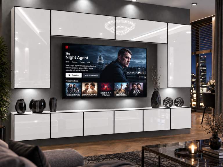 Nappali bútor Linea 300 cm TV/RTV fehér fényes Gyártó IMP L Monroe 2/5/W/W/0/0