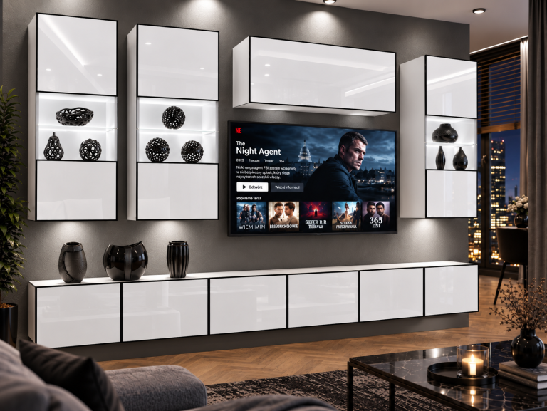 Nappali bútor Linea 300 cm TV/RTV fehér fényes Gyártó IMP L Pacino 5/5/W/W/0/0