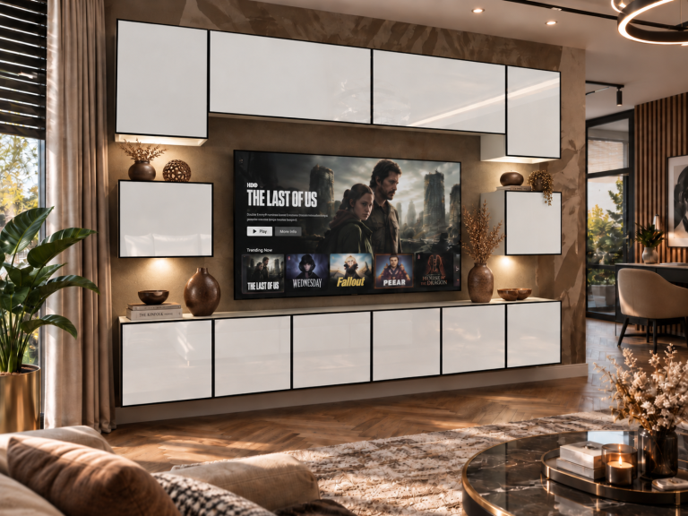 Nappali bútor Linea 300 cm TV/RTV fehér fényes Gyártó IMP L Tarantino 3/5/W/W/0/0