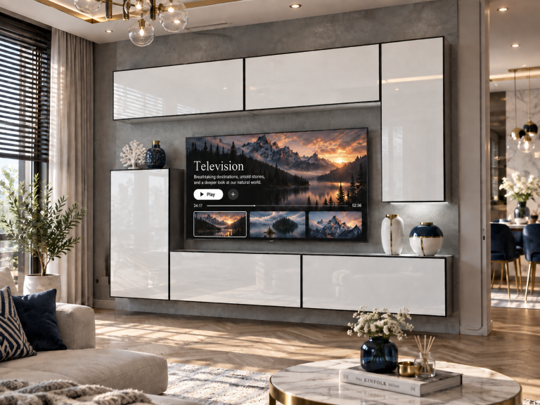 Nappali bútor Linea 250 cm TV/RTV fehér fényes Gyártó IMP L Woody 8/5/W/W/0/0