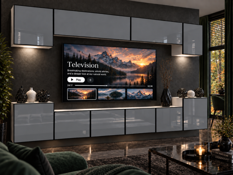 Nappali bútor Linea 300 cm TV/RTV szürke fényes Gyártó IMP L Hepburn 4/5/W/S/0/0