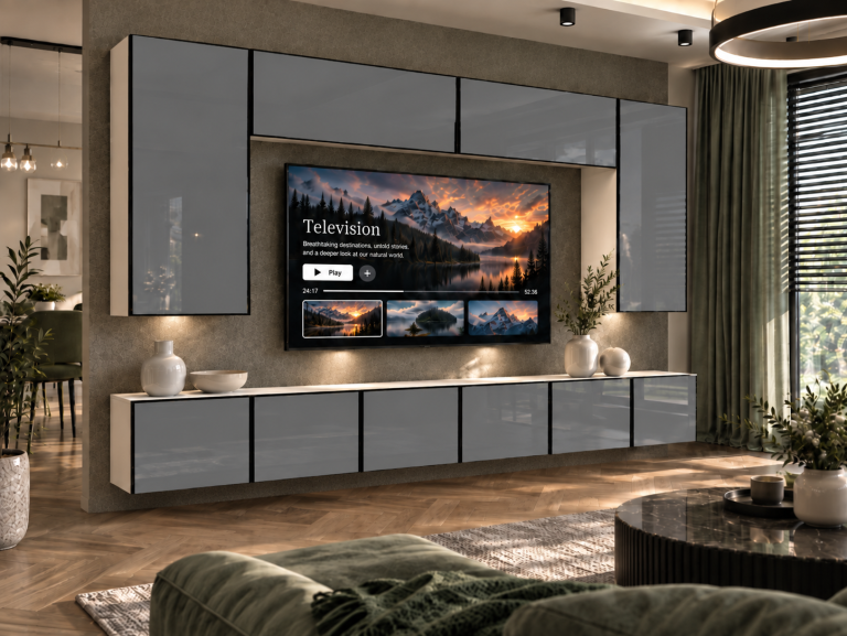 Nappali bútor Linea 300 cm TV/RTV szürke fényes Gyártó IMP L Monroe 2/5/W/S/0/0