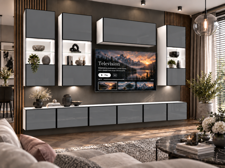 Nappali bútor Linea 300 cm TV/RTV szürke fényes Gyártó IMP L Pacino 5/5/W/S/0/0