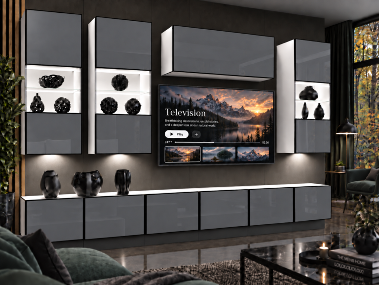 Nappali bútor Linea 300 cm TV/RTV szürke fényes Gyártó IMP L Pacino 5/5/W/S/0/0