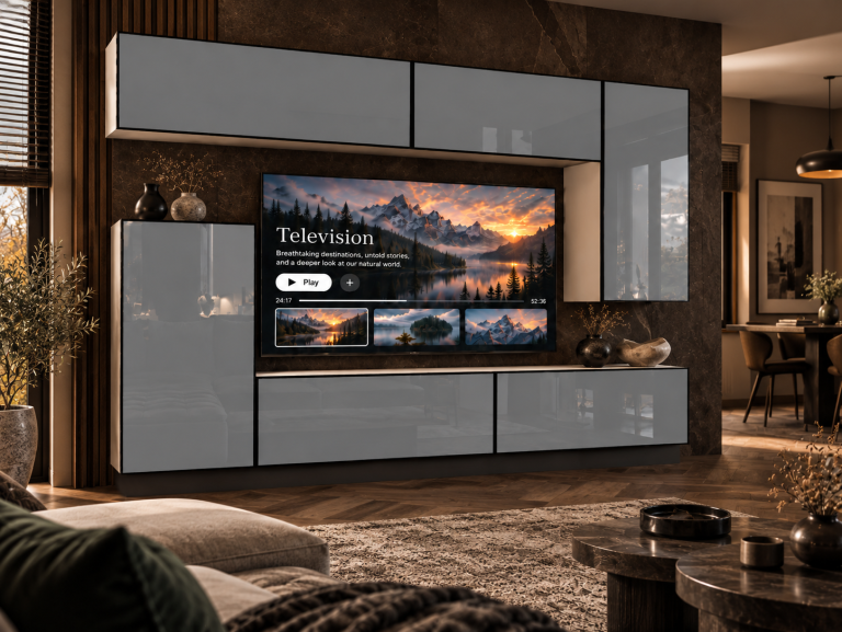 Nappali bútor Linea 250 cm TV/RTV szürke fényes Gyártó IMP L Woody 8/5/W/S/0/0