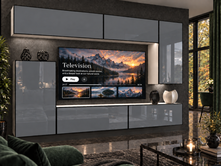 Nappali bútor Linea 250 cm TV/RTV szürke fényes Gyártó IMP L Woody 8/5/W/S/0/0