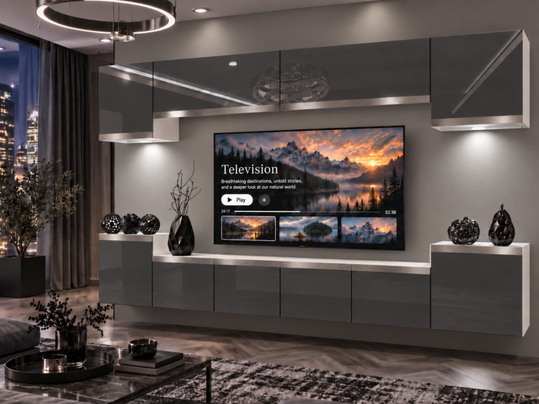 Nappali bútor Prestige 300 cm TV/RTV szürke fényes Gyártó IMP P Hepburn 4/5/W/S/0/0/SL