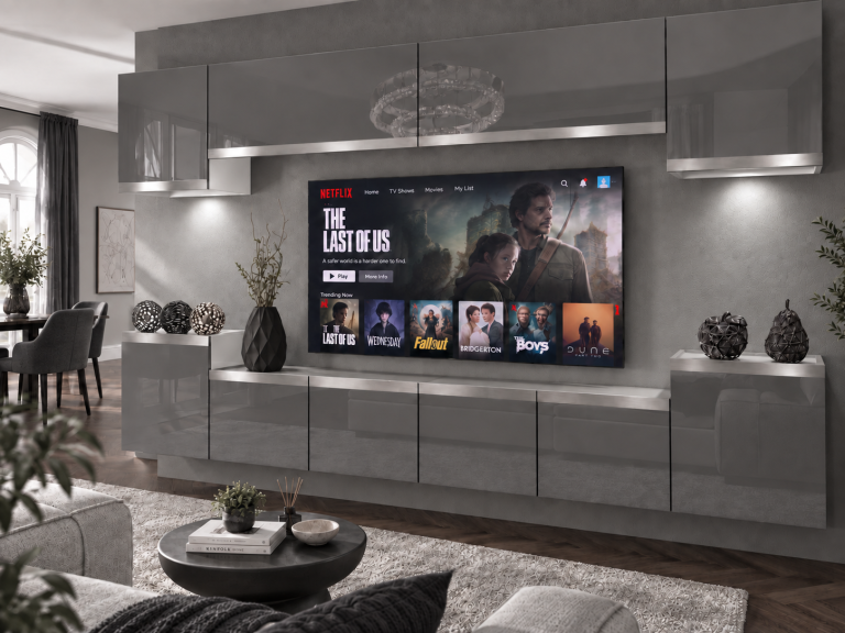 Nappali bútor Prestige 300 cm TV/RTV szürke fényes Gyártó IMP P Hepburn 4/5/W/S/0/0/SL