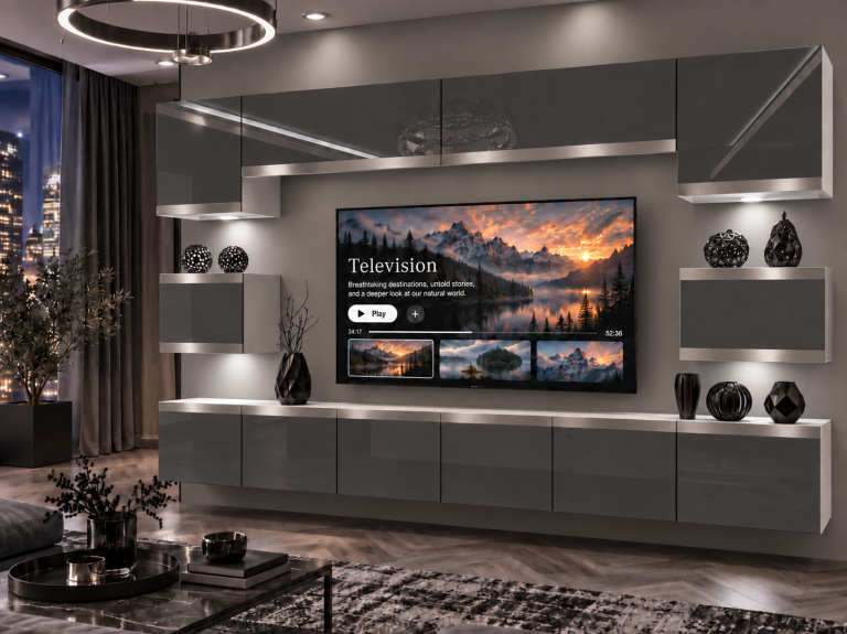 Nappali bútor Prestige 300 cm TV/RTV szürke fényes Gyártó IMP P Tarantino 3/5/W/S/0/0/SL