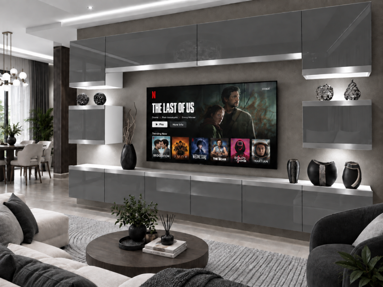 Nappali bútor Prestige 300 cm TV/RTV szürke fényes Gyártó IMP P Tarantino 3/5/W/S/0/0/SL