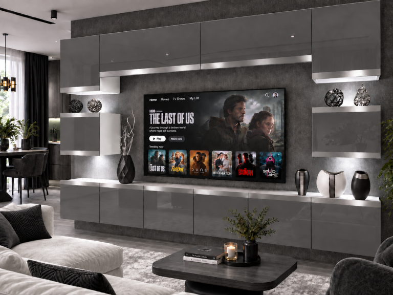 Nappali bútor Prestige 300 cm TV/RTV szürke fényes Gyártó IMP P Tarantino 3/5/W/S/0/0/SL