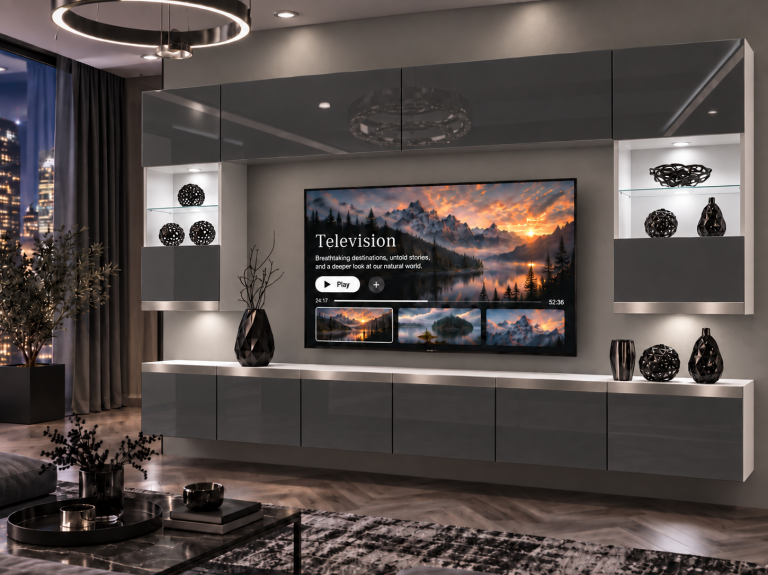Nappali bútor Prestige 300 cm TV/RTV szürke fényes Gyártó IMP P1 Nolan 1/5/W/S/0/0/SL