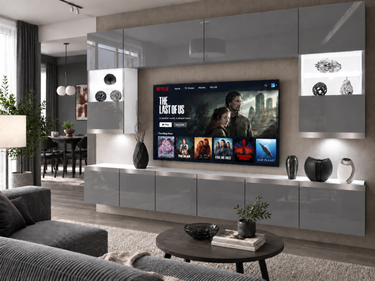 Nappali bútor Prestige 300 cm TV/RTV szürke fényes Gyártó IMP P1 Nolan 1/5/W/S/0/0/SL