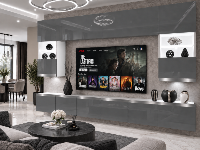 Nappali bútor Prestige 300 cm TV/RTV szürke fényes Gyártó IMP P1 Nolan 1/5/W/S/0/0/SL