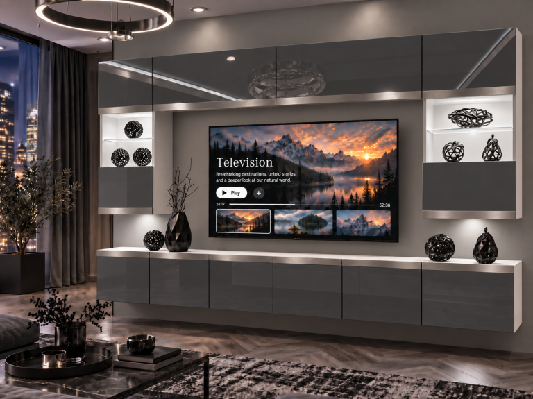 Nappali bútor Prestige 300 cm TV/RTV szürke fényes Gyártó IMP P2 Nolan 1/5/W/S/0/0/SL