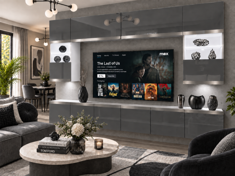 Nappali bútor Prestige 300 cm TV/RTV szürke fényes Gyártó IMP P2 Nolan 1/5/W/S/0/0/SL