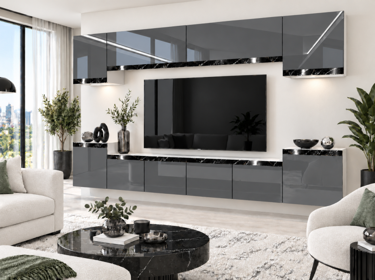 Nappali bútor Prestige 300 cm TV/RTV szürke fényes Gyártó IMP P Hepburn 4/5/W/S/0/0/CS