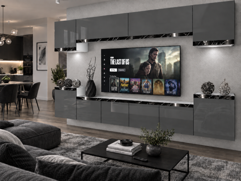 Nappali bútor Prestige 300 cm TV/RTV szürke fényes Gyártó IMP P Hepburn 4/5/W/S/0/0/CS
