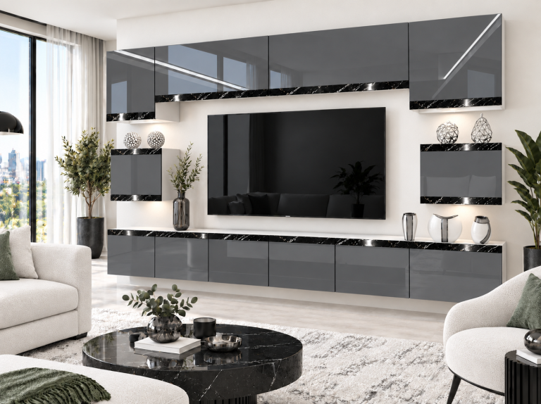 Nappali bútor Prestige 300 cm TV/RTV szürke fényes Gyártó IMP P Tarantino 3/5/W/S/0/0/CS