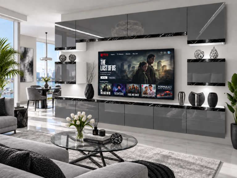 Nappali bútor Prestige 300 cm TV/RTV szürke fényes Gyártó IMP P Tarantino 3/5/W/S/0/0/CS