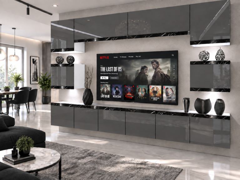 Nappali bútor Prestige 300 cm TV/RTV szürke fényes Gyártó IMP P Tarantino 3/5/W/S/0/0/CS