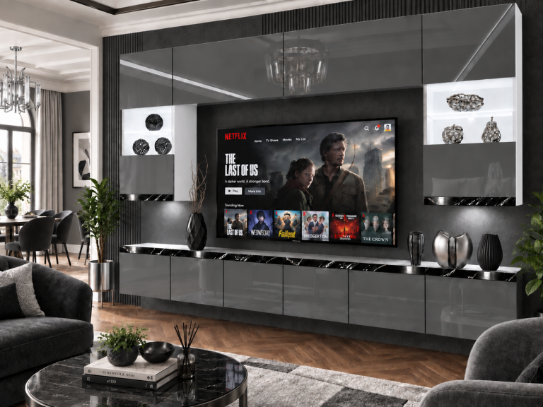 Nappali bútor Prestige 300 cm TV/RTV szürke fényes Gyártó IMP P1 Nolan 1/5/W/S/0/0/CS