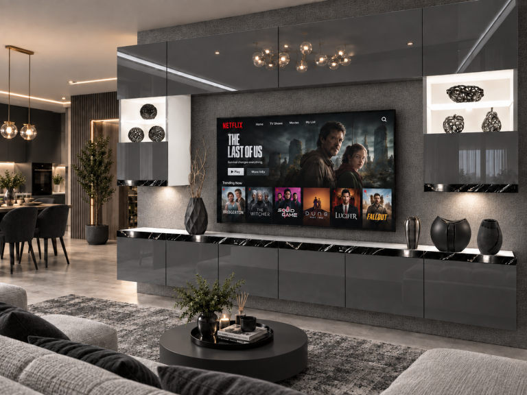 Nappali bútor Prestige 300 cm TV/RTV szürke fényes Gyártó IMP P1 Nolan 1/5/W/S/0/0/CS