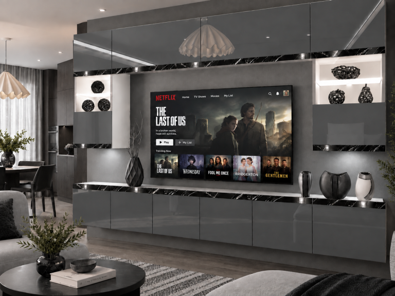 Nappali bútor Prestige 300 cm TV/RTV szürke fényes Gyártó IMP P2 Nolan 1/5/W/S/0/0/CS