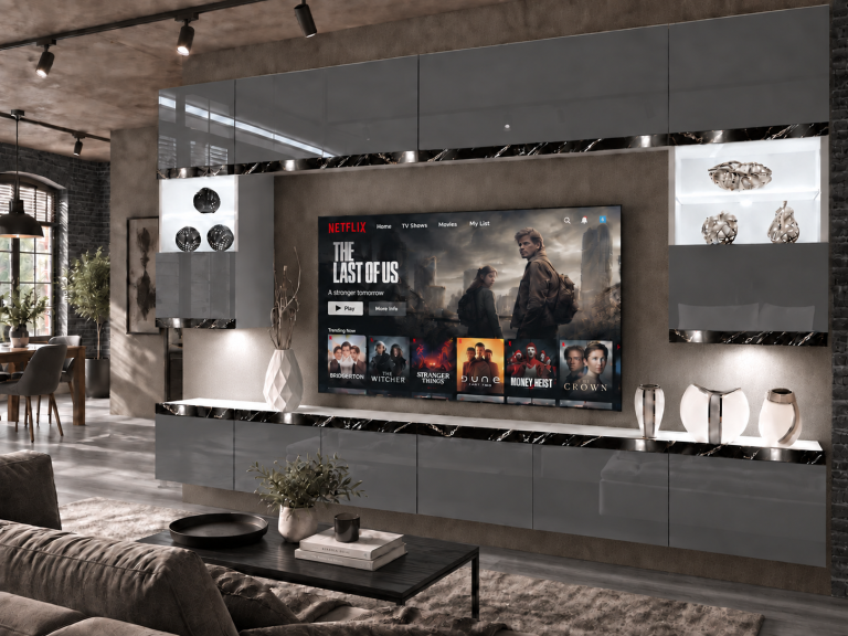 Nappali bútor Prestige 300 cm TV/RTV szürke fényes Gyártó IMP P2 Nolan 1/5/W/S/0/0/CS