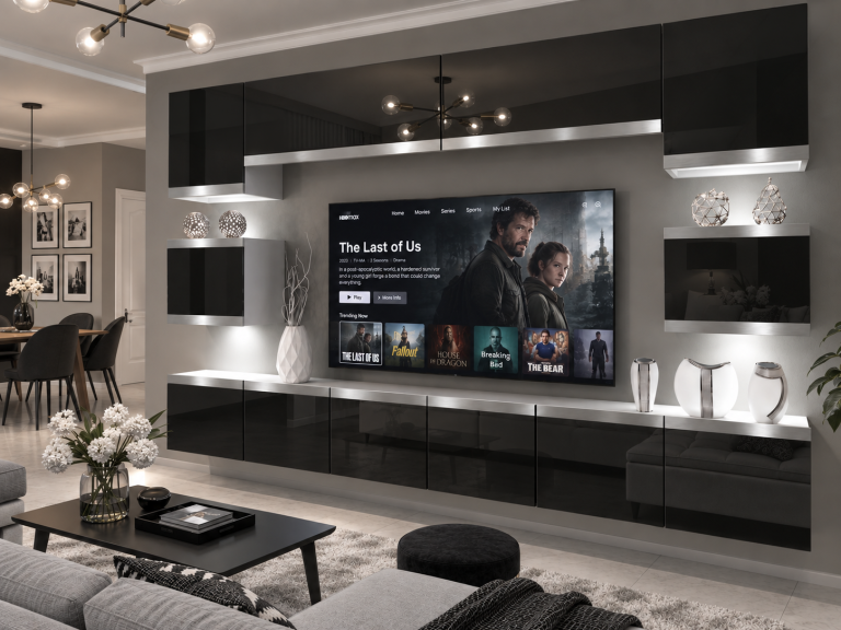 Nappali bútor Prestige 300 cm TV/RTV fekete fényes Gyártó IMP P Tarantino 3/5/W/B/0/0/SL