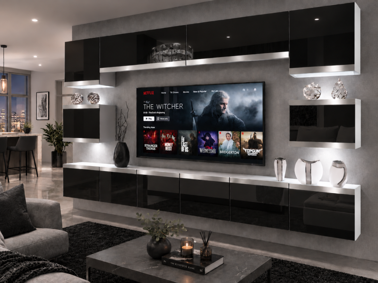 Nappali bútor Prestige 300 cm TV/RTV fekete fényes Gyártó IMP P Tarantino 3/5/W/B/0/0/SL