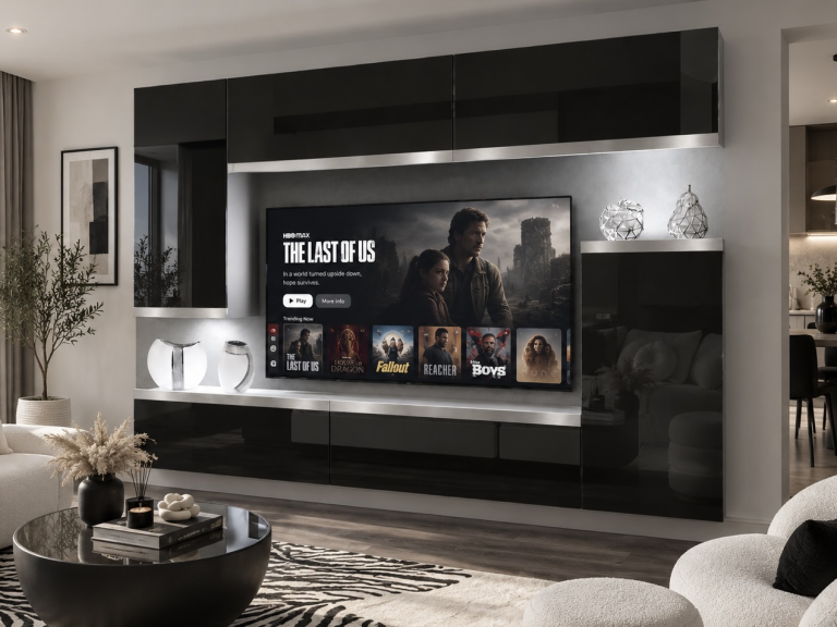 Nappali bútor Prestige 250 cm TV/RTV fekete fényes Gyártó IMP P Woody 8/5/W/B/0/0/SL