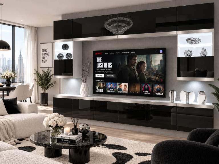 Nappali bútor Prestige 300 cm TV/RTV fekete fényes Gyártó IMP P2 Nolan 1/5/W/B/0/0/SL