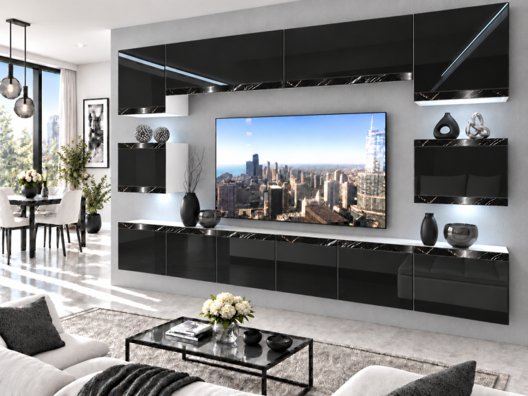 Nappali bútor Prestige 300 cm TV/RTV fekete fényes Gyártó IMP P Tarantino 3/5/W/B/0/0/CS