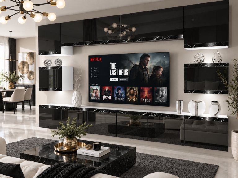 Nappali bútor Prestige 300 cm TV/RTV fekete fényes Gyártó IMP P Tarantino 3/5/W/B/0/0/CS