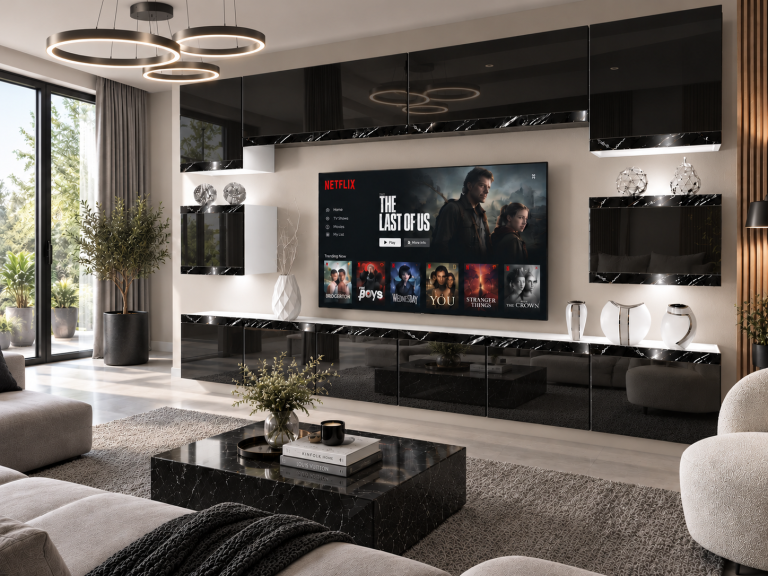 Nappali bútor Prestige 300 cm TV/RTV fekete fényes Gyártó IMP P Tarantino 3/5/W/B/0/0/CS