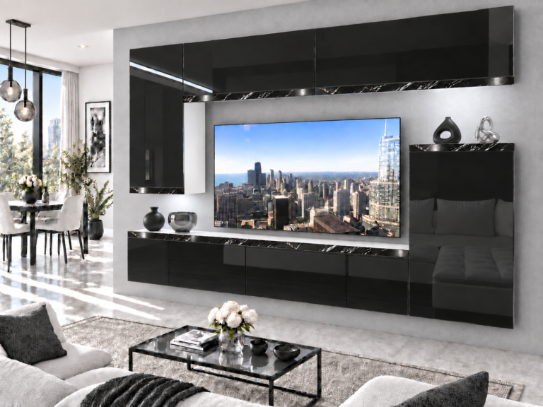Nappali bútor Prestige 250 cm TV/RTV fekete fényes Gyártó IMP P Woody 8/5/W/B/0/0/CS