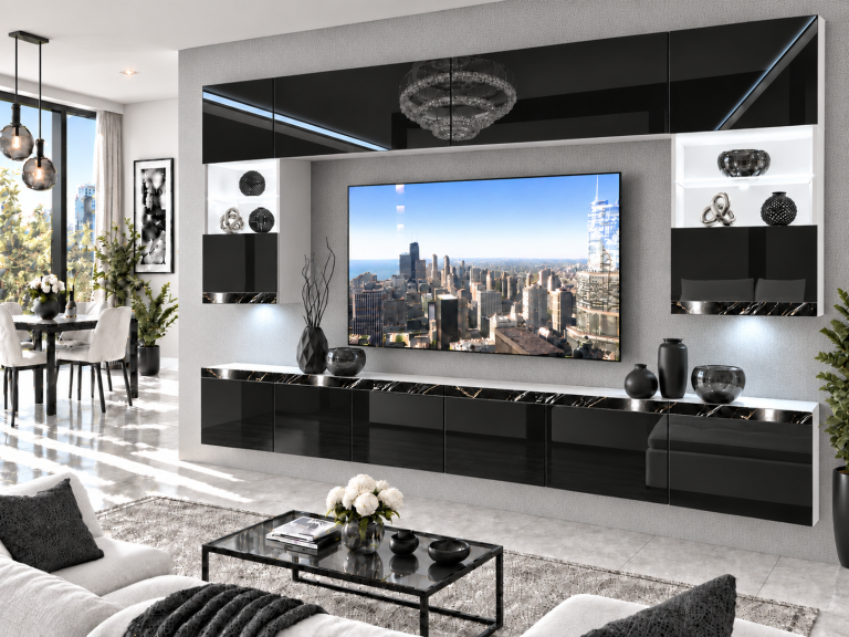Nappali bútor Prestige 300 cm TV/RTV fekete fényes Gyártó IMP P1 Nolan 1/5/W/B/0/0/CS