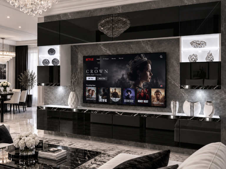 Nappali bútor Prestige 300 cm TV/RTV fekete fényes Gyártó IMP P1 Nolan 1/5/W/B/0/0/CS