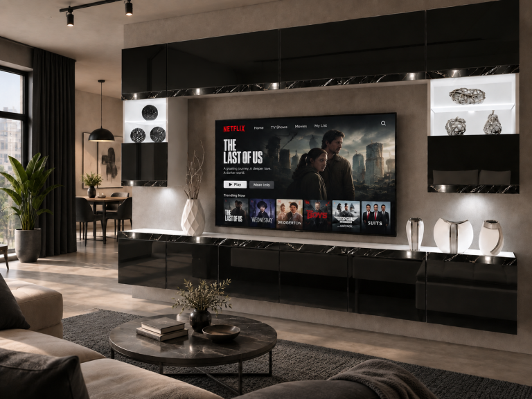 Nappali bútor Prestige 300 cm TV/RTV fekete fényes Gyártó IMP P2 Nolan 1/5/W/B/0/0/CS
