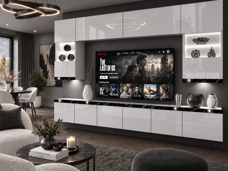 Nappali bútor Prestige 300 cm TV/RTV fehér fényes Gyártó IMP P1 Nolan 1/5/W/W/0/0/CS