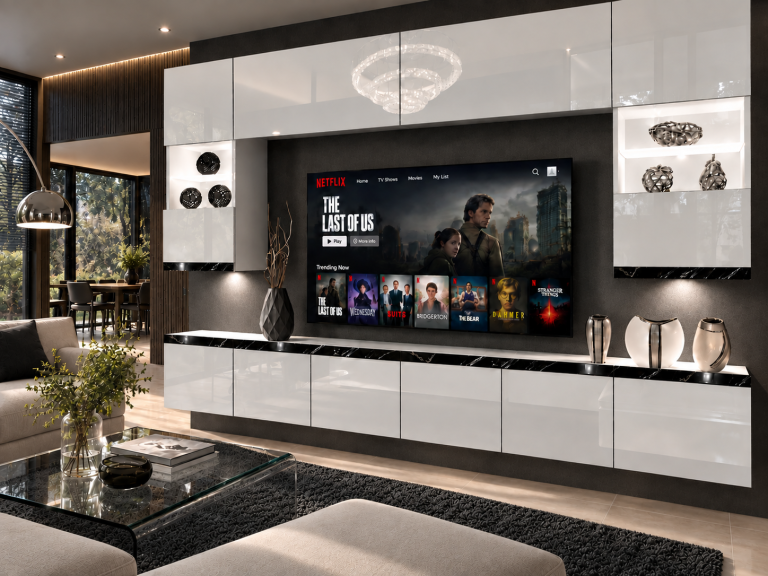 Nappali bútor Prestige 300 cm TV/RTV fehér fényes Gyártó IMP P1 Nolan 1/5/W/W/0/0/CS