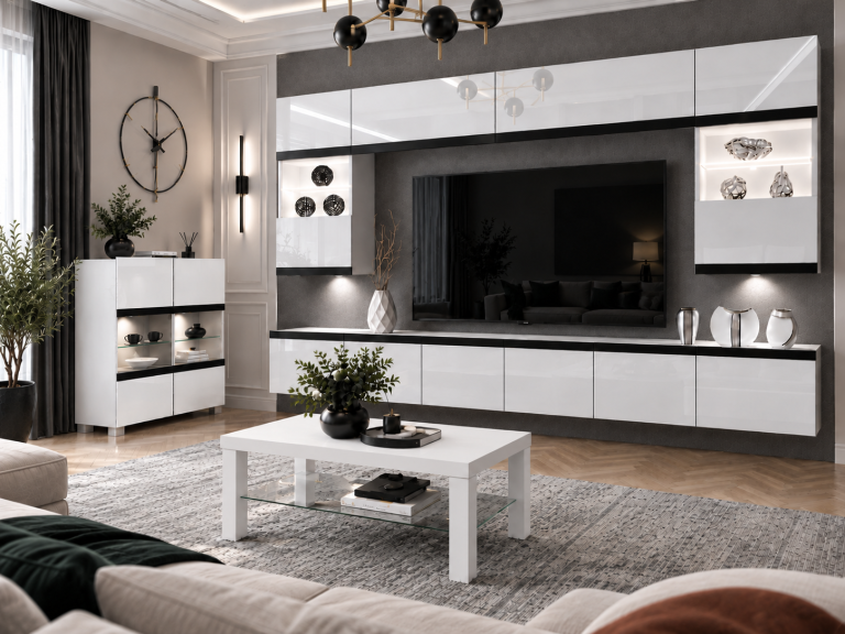 Nappali bútor Prestige 300 cm TV/RTV fehér fényes Gyártó IMP P2 Nolan 1/5/W/W/0/0/CM