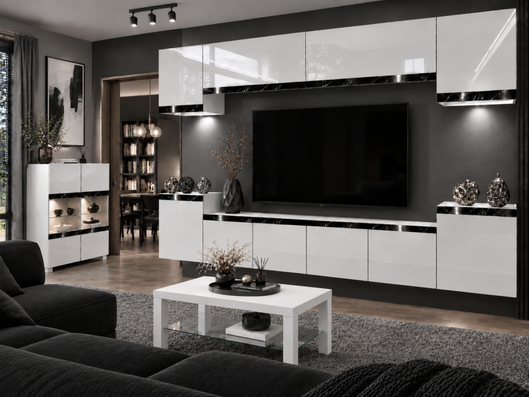 Nappali bútor Prestige 300 cm TV/RTV fehér fényes Gyártó IMP P Hepburn 4/5/W/W/0/0/CS