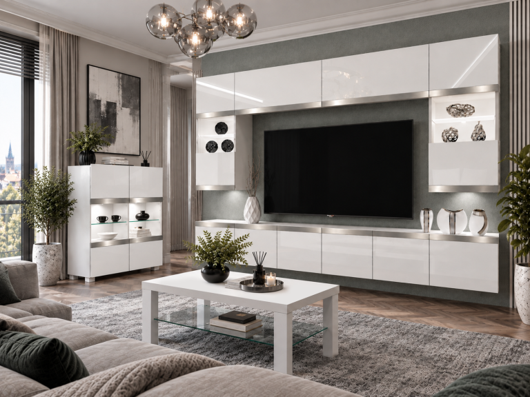 Nappali bútor Prestige 300 cm TV/RTV fehér fényes Gyártó IMP P2 Nolan 1/5/W/W/0/0/SL