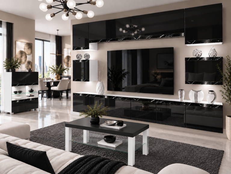 Nappali bútor Prestige 300 cm TV/RTV fekete fényes Gyártó IMP P Tarantino 3/5/W/B/0/0/CS