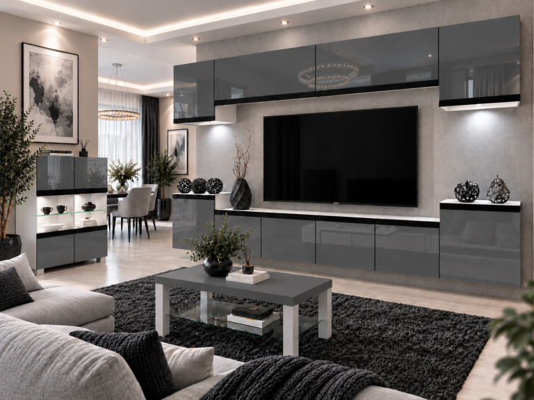 Nappali bútor Prestige 300 cm TV/RTV szürke fényes Gyártó IMP P Hepburn 4/5/W/S/0/0/CM