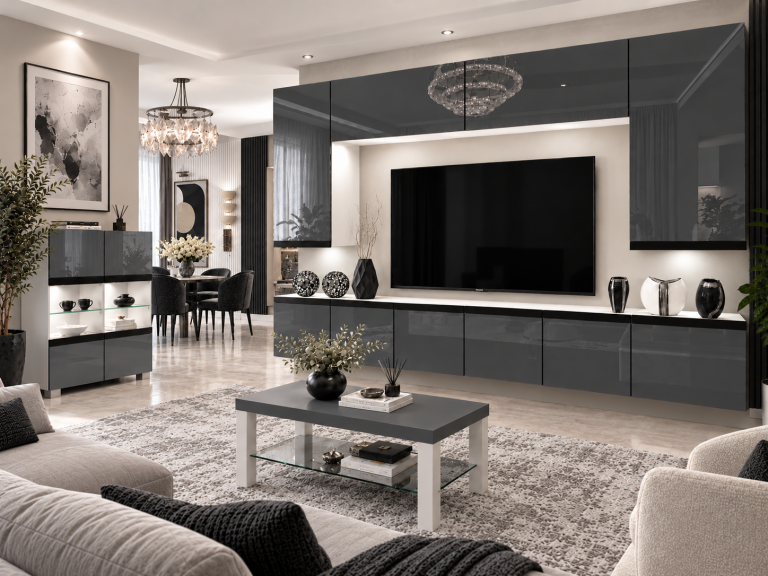 Nappali bútor Prestige 300 cm TV/RTV szürke fényes Gyártó IMP P Monroe 2/5/W/S/0/0/CM