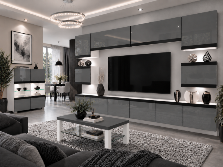 Nappali bútor Prestige 300 cm TV/RTV szürke fényes Gyártó IMP P Tarantino 3/5/W/S/0/0/CM