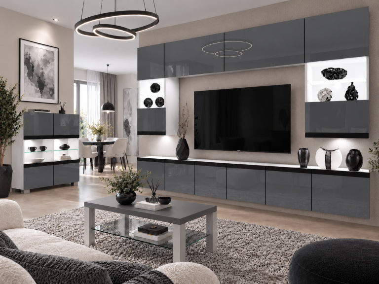 Nappali bútor Prestige 300 cm TV/RTV szürke fényes Gyártó IMP P1 Nolan 1/5/W/S/0/0/CM